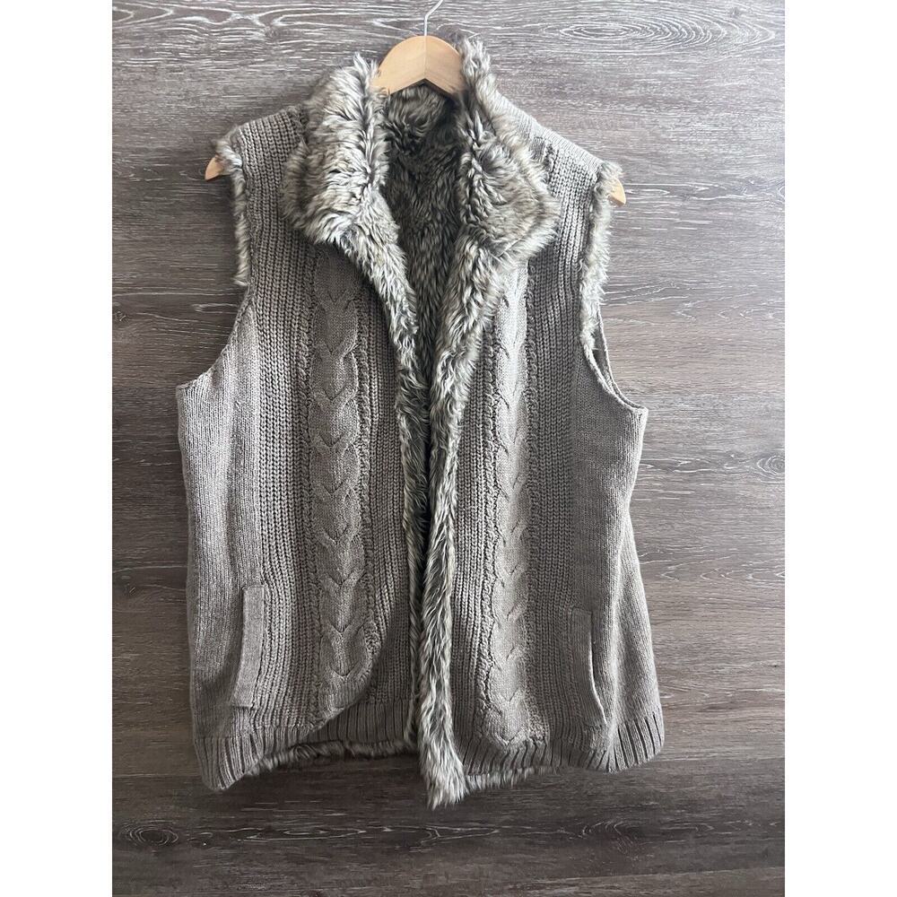 Womens Vest Cream Ivory Cable Knit Faux Fur Large Reversible NY&C Vintage
